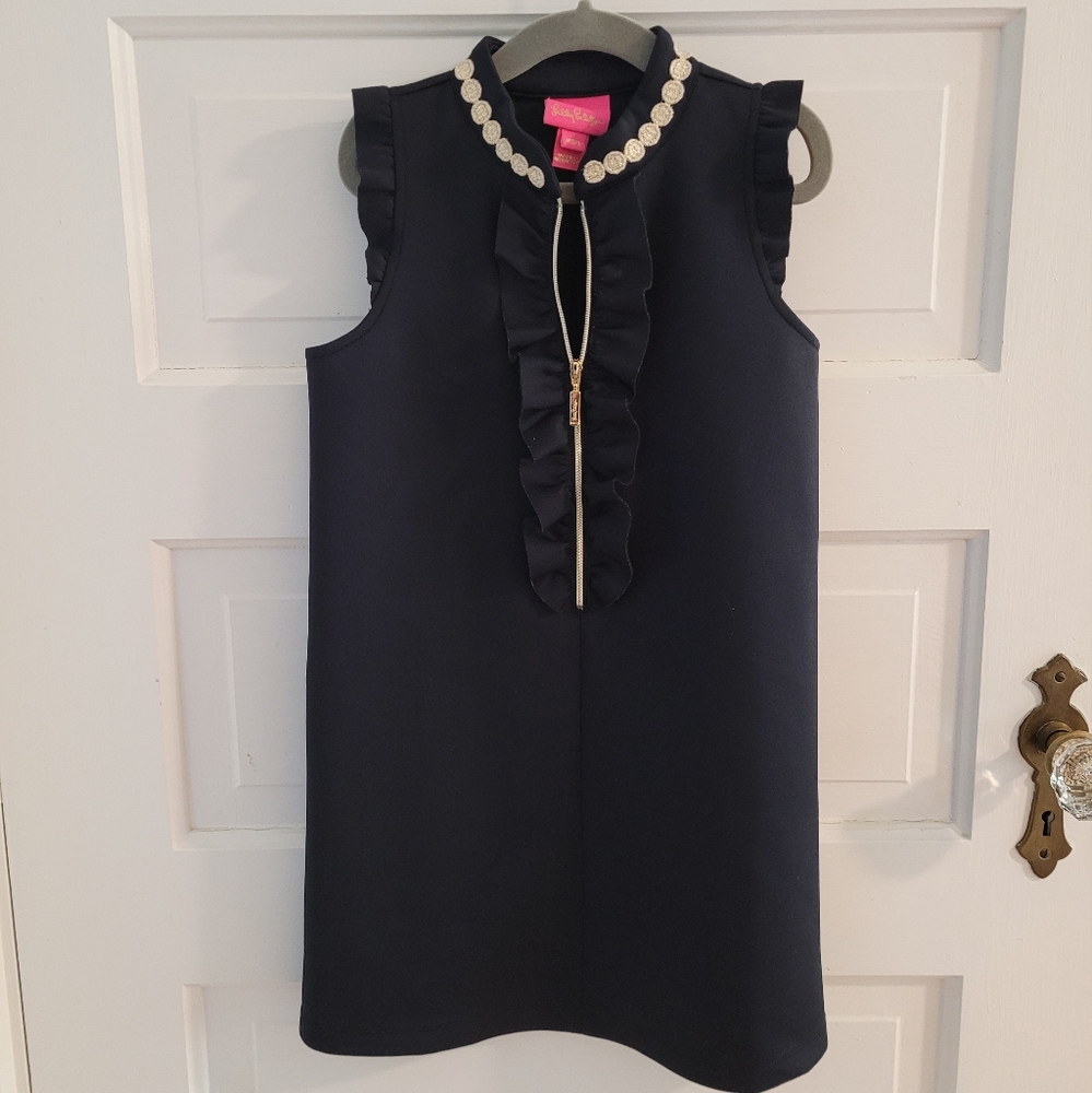 Lilly Pulitzer Navy Sleeveless Ruffle Dress with Gold Zip and Pearl Trim